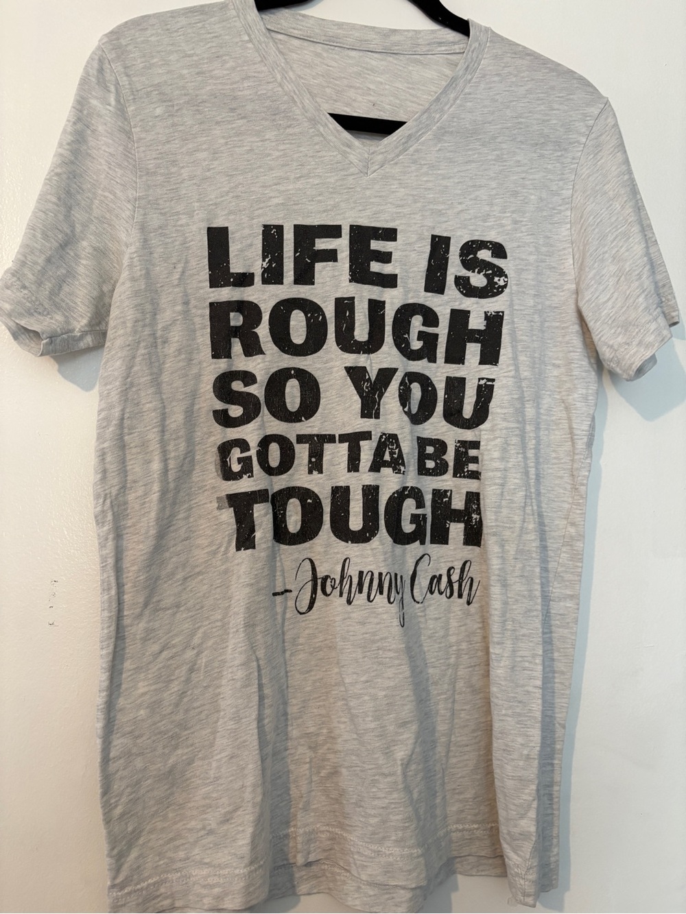 Vintage Light Gray V-Neck Tee with Black Johnny Cash Quote